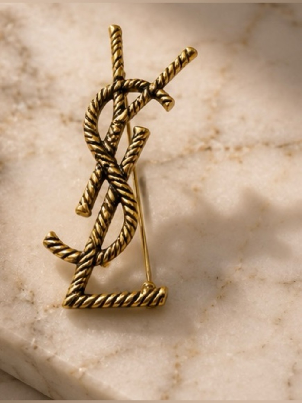 Vintage Style Gold Tone Rope Monogram Statement Brooch Pin